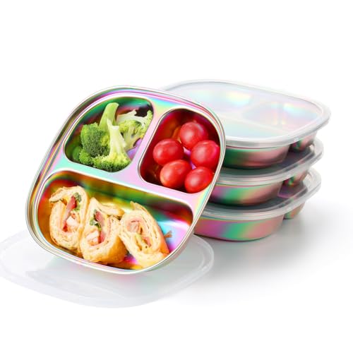 Image of AIEVE Stainless Steel Kids Plates, Pack of 4 Stainless Steel Divided Toddler Plate with Lids