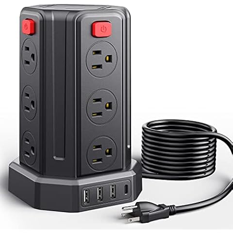 Überspannungsschutz-Steckdosenleiste 16.4FT / 5M 5 USB-Anschlüsse 12 Steckdosenleiste mit USB-Überspannungsschutzturm mit langem Kabelausgang Cover