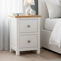 GROF GROFurniture Bedside Table 2 Drawers, Solid Wooden Side End Bedside Cabinet with Oak Top, Narrow Bedside, Oak Side Table for Bedroom or Livingroom, Ready Assembled (White 2 Drawers)