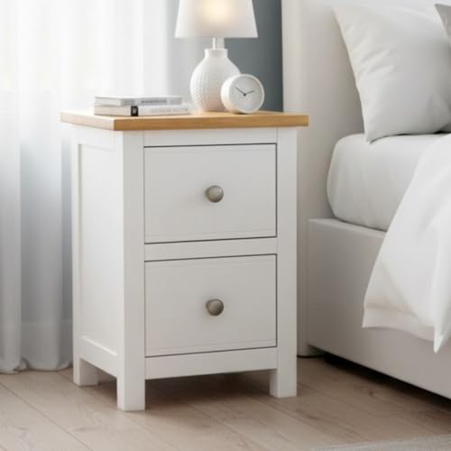 GROF GROFurniture Bedside Table 2 Drawers, Solid Wooden Side End Bedside Cabinet with Oak Top, Narrow Bedside, Oak Side Table for Bedroom or Livingroom, Ready Assembled (White 2 Drawers)