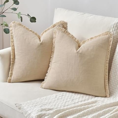 Woaboy Pack of 2 Pillow Covers Ramie Linen Throw Pillow Covers Decorative Lumbar Pillow Covers Farmhouse Style Boho Cushion Covers Beige Pillow Covers with Fringe for Living Room 24×24 Inch Cover