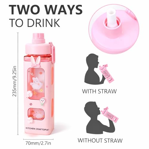 Image of Kawaii Water Bottle for Girls with Straw & Movable Handle | Cute Plastic Bottle with 2D & 3D Stickers | Stylish School & Travel Bottle for Kids (750 ml)