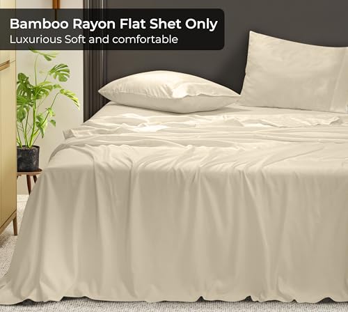 Image of Royale Linens Bamboo Viscose Full Flat Sheets Only - Cooling Sheets - Organic Viscose Derived from Bamboo - Full Size Flat Sheet Only - Top Sheet - Breathable & Silky Bedding (Full, Sand)