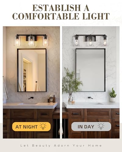 Image of Beionxii Bathroom Vanity Lights, 3-Light Vintage Wall Sconce Light Fixtures, Oil Rubbed Bronze Finish with Clear Seeded Glass (24.5 inch W x 8.7 inch H) - MB9002 Series