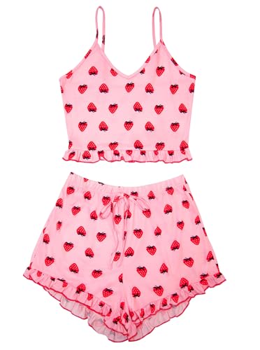 Image of Avanova Women Strawberry Graphic 2 Piece Pajama Shorts Set Cute Ruffle Cami Sleepwear Strawberry Pink Medium