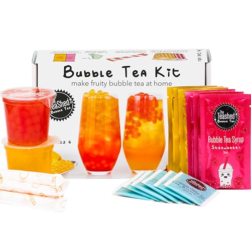 Fruit Bubble Tea Kit Gift Box | 6 Servings | Set Includes Mango and Strawberry Syrups Cherry and Peach Popping Boba Tea Bags and Paper Straws | by THE TEASHED