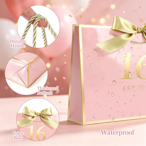 Image of JMANNI Birthday Gift Bag with Card and Tissue Paper for Men Women Him, Elegant Pink Gold Anniversary Keepsake Party Present Shopping Paper Bags for Gifts Wrapping Pink / 13 inch Medium /EST.2010 16th