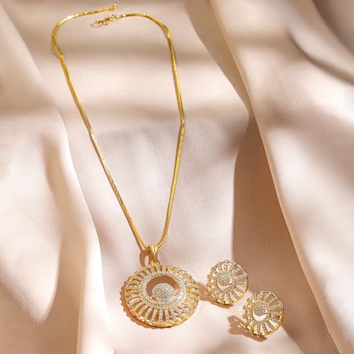 Image of Rubans Pendant Necklace Set American Diamond and Zirconia Gift Jewellery for Women & Girls