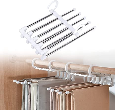 MHR 5 in 1 Foldable Hangers for Clothes Hanging Multi-Layer Multi Purpose Pant Hangers for Wardrobe Magic Foldable Hanger Space Saving 5 in 1 Rack Stainless Steel Cloth Hanger for Trousers, Jeans (1)