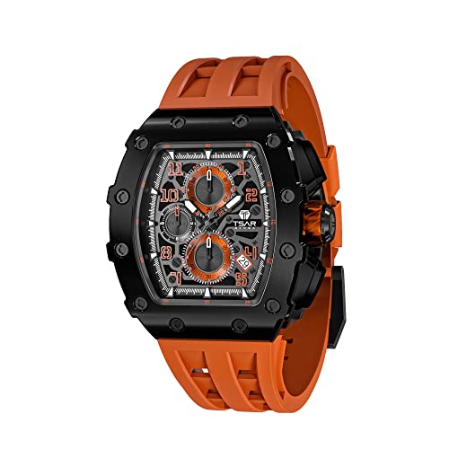 Image of Tsar Bomba Men's Tonneau Luxury Watch - Quartz Chronograph Skeleton Dial, Black Stainless Steel Case, Orange Silicone Strap, 50M Water Resistant, Watch for Men - TB8204Q-12