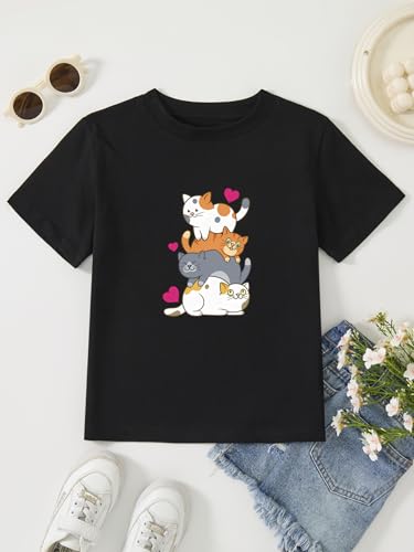 Image of Girl's Cute Cat Graphic T-Shirts Funny Animal Lover Black