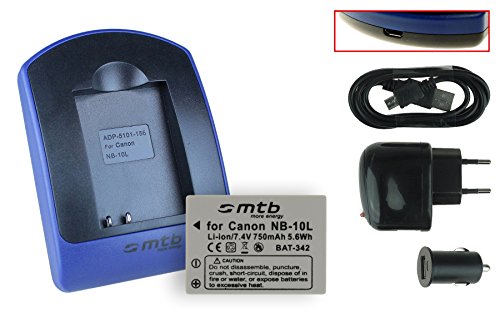 Baterìa + Cargador (USB/Coche/Corriente) para NB-10L / Canon PowerShot G15, G16, G1 X, G3 X, SX40 HS, SX50 HS, SX60 HS