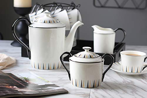 ufengke 15 Piece European Ceramic Tea Sets,Bone China Coffee Set with Metal Holder and Tea Tray,Polish Style Balck Handle
