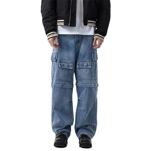 Men's High Street Vintage Workwear Multi-Pocket Wide-Leg Pants Detachable Loose Straight Workwear Jeans