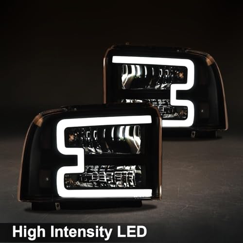 Image of GRAND ORANGE LED DRL Headlights Assembly, Compatible with Ford F250 F350 F450 F550 Super Duty 2005-2007, Fit Ford Excursion 2005, Clear Lens Black Housing Clear Reflector