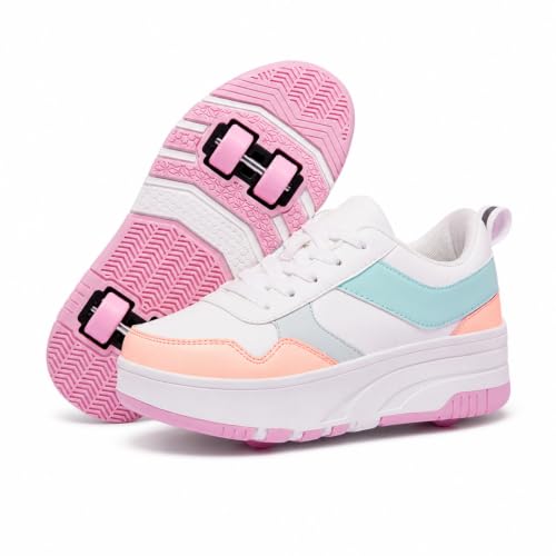Mateju Zapatos con Ruedas para Niños y Niñas, Patines 2 en 1 Multiusos con 4 Ruedas Desmontable, Moda Casuales Zapatillas de Skateboarding Calzado Deportivas al Aire Libre (Rosa/Verde,35)