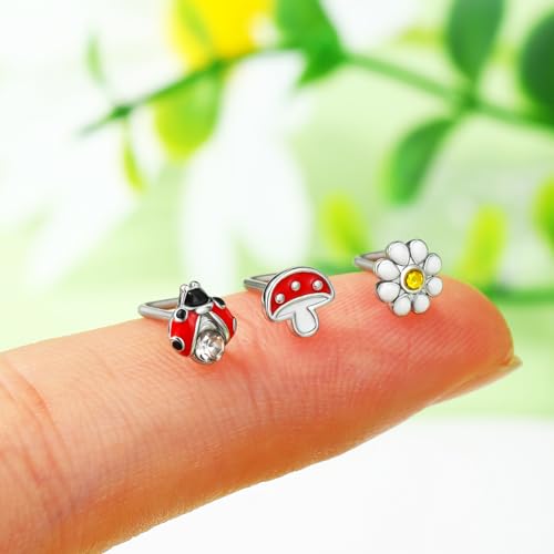 Meiighting 3Pcs Mushroom Nose Rings 20G Ladybug Nose Studs Surgical Steel 316L Flower Nose Piercing Jewelry L Shaped For Women 8mm Spring Piercing Jewerly2