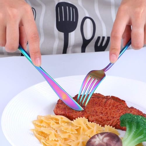Image of 20 pcs Flatware Set, Rainbow Silverware Set for 5, Knife Fork Spoon, Stainless Steel Home Dinnerware Tableware,Mixed Cutlery Set Eating Utensils for Restaurants (20 Pcs Rainbow)