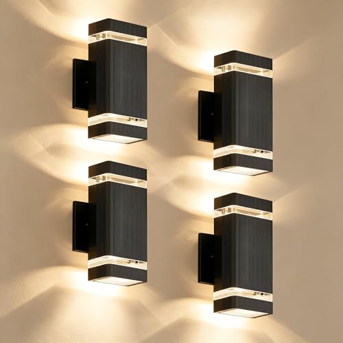 Image of JYV Square Outdoor Wall Lights, Up and Down Porch Lights, Black 4 Pack | Aluminum Exterior Lighting Fixtures with 2 * 7W Bulbs 3000K, Waterproof Outdoor Sconces Wall Lighting, for House Porch Garage