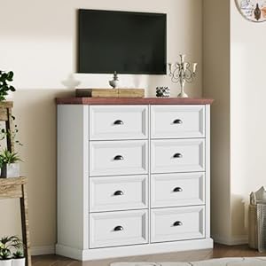 Farmhouse dresser wood rustic 394 tall 8 drawer dresser chest of drawers organizer storage for closet for bedroom living room distressed white  urban country home decor