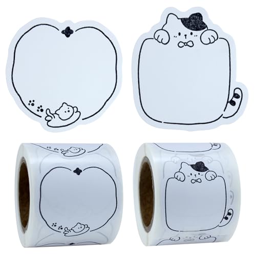 Cute Label Stickers for Jars 2 Different Cat Designs Full Adhesive Sticky Notes 2 Rolls Self-Stick Blank Name Stickers