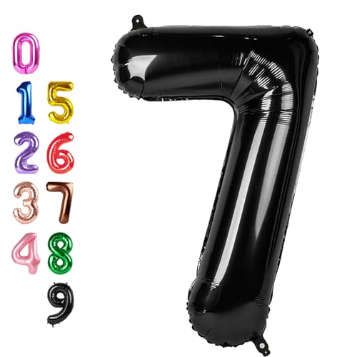 Image of Number Balloons Black 7 Balloon 40 inch for 7th Birthday Party Decoration | Saturated Color, Large 40 inch, With Inflation Straw & Hanging Holes, Great for Men's Birthday, Gothic Theme Party, Halloween