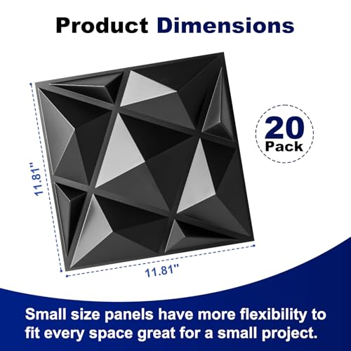 Image of Art3dwallpanels 20 Pack 3D Wall Panels for Interior Wall Decor, 12''x12'' White Accent Diamond Panels for Gaming Room Bedroom TV Background, Black