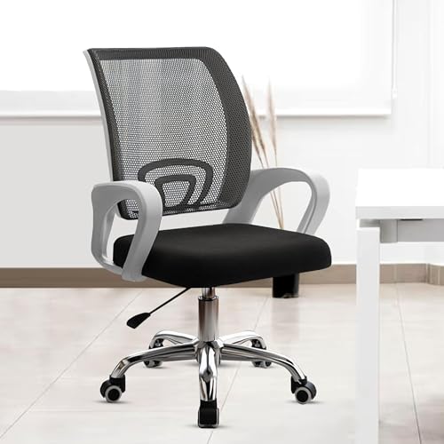 Image of Casa Copenhagen Mesh Mid Back Office /Study /Computer /Revolving /Desk Chair for Work from Home -Metal Base, Height Adjustable Seat - Black & White Handle