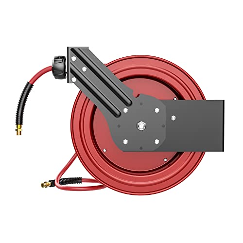 Y-Asqa Air Hose Reel Retractable Industrial 3/8" X 50' Pvc Air Hose, Auto Rewind Air Tool Hose Reel, 300Psi Heavy Duty Steel Reel (Red) #TOP1
