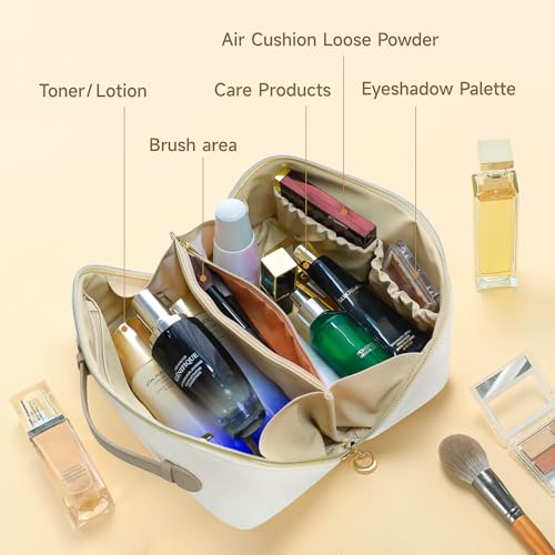Travel Makeup Bag,Large Capacity Cosmetic Bags for Women,Waterproof Portable Pouch Open Flat Toiletry Bag Make up Organizer with Divider and Handle (khaki)3