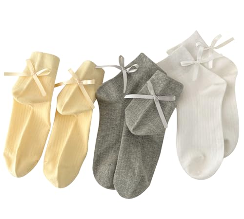 Image of Women's Bow Crew Socks - Cotton Sweet Lolita Dress Breathable Soft Girls' Socks - 3 Pairs