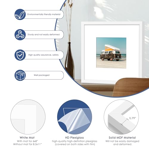 Image of PEALSN 12x12 Picture Frame Set of 6, Display Pictures 8 x 8 with Mat or 12 x 12 Without Mat for Wall Mounting Display, Poster Frames Collage for Wall Decor, White.