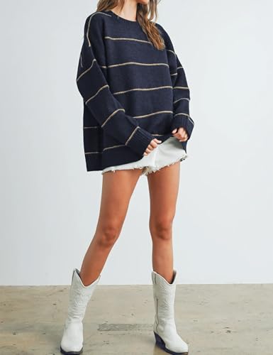 Womens Fall Striped Sweater Lightweight Long Sleeve Cable Soft Knit Oversized Pullover Sweaters Top3