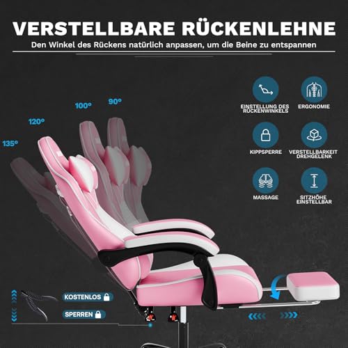 SUKIDA Gaming Stuhl, Ergonomischer Gaming-Stuhl mit Fußstütze, Racing Gamer Chair 90-135° Rückenlehne einstellbar… – Ansicht 5