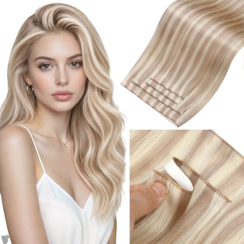Image of LaaVoo Tape in Weft Extensions Blonde Weft Tape in Hair Extensions Human Hair Genius Tape ins Human Hair Extension Ash Blonde Highlight Bleach Blonde 16inch 90g 4pcs