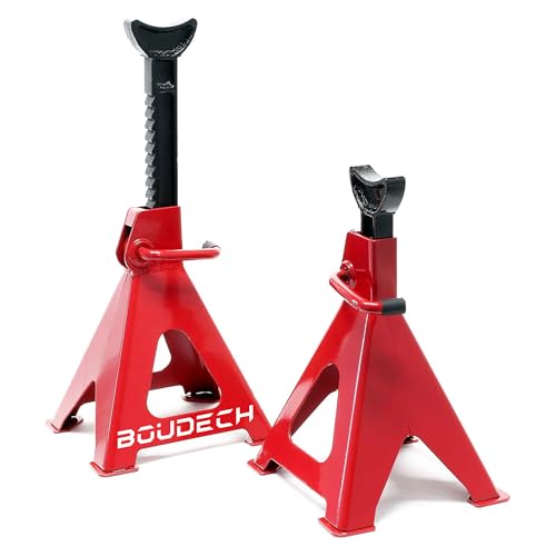 BOUDECH Muscleman – Juego de 2 caballetes para coche, capacidad de 3000 kg, altura regulable de 28 – 42 cm, soporte automotriz de soporte de acero rojo