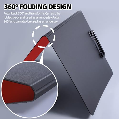 Image of FRETONBA Clipboard Folder, 2 Pcs A4 Foldable Red | Low Profile Horizontal & Vertical Double Metal Clips, 360 Degree Foldable, A4 Size with Pen Holder for Office & School