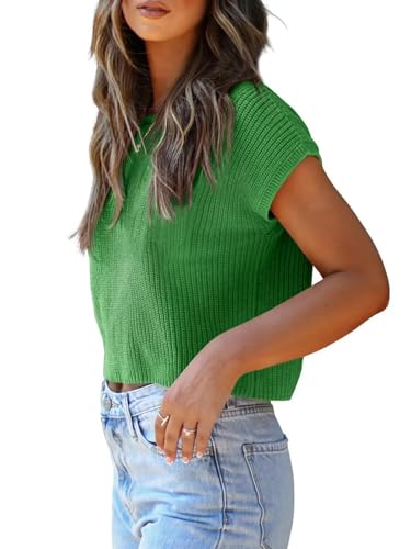 Image of LCXWFE Womens Summer Cropped Sweater Vest Trendy Cap Sleeve Crop Tops Crew Neck Loose Knit Tank Top