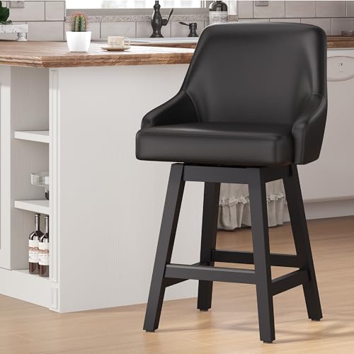 Image of YaFiti Swivel Counter Height Bar Stool 1 PC, 24 inch Modern Faux Leather Barstool with Back, Widen Upholstered Seat, Hardened Wood Legs for Kitchen Counter, Island, Dining Room, Black