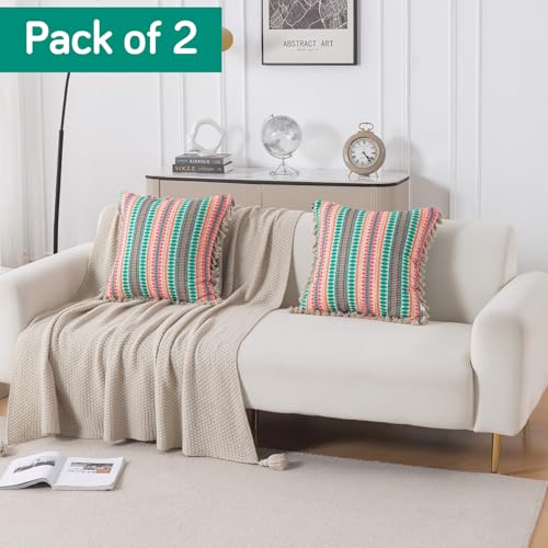Image of HOKIPO 'Artisan Boho Series' Sofa Cushion Covers | 450 GSM Cotton Acrylic Jacquard | Tassel Design | 22x22 Inch (55x55 cm) | Pack of 2, Mint Green (IN-906-A7*2)