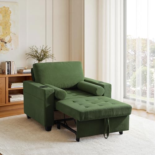 Image of 3-in-1 Sleeper Sofa Chairs Set of 2, Pull Out Sofa Bed Convertible Reclining Seat Upholstered Armchair, Adjustable Backrest Recliner Chair - Green