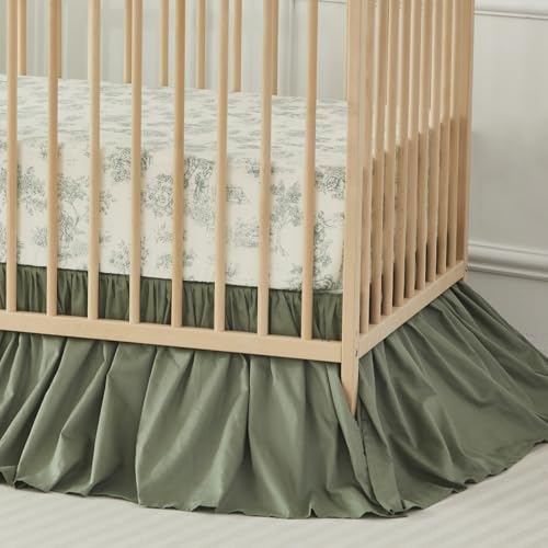 Image of Brandream Crib Bed Skirt for Baby Girls Boys Gray Boho Bohemian Neutral Solid Cotton Toddler Bedskirt Farmhouse Chic Ruffle, Vintage Green