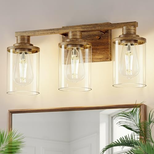 Image of DORESshop 17 Inch Bathroom Light Fixtures, 3-Light Oak Bathroom Lighting Fixtures Over Mirror with Clear Glass Shade, Vanity Lights for Living Room Bedroom