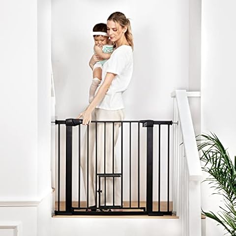 COMOMY 29.5-40.5" Baby Gate with Cat Door, Extra Wide Metal Cat Gate for Stairs Doorways, Auto Close Dog Gate with Pet Door for House, Pressure Mounted Easy Walk Through Pet Gate(30" Tall, Black) Cover