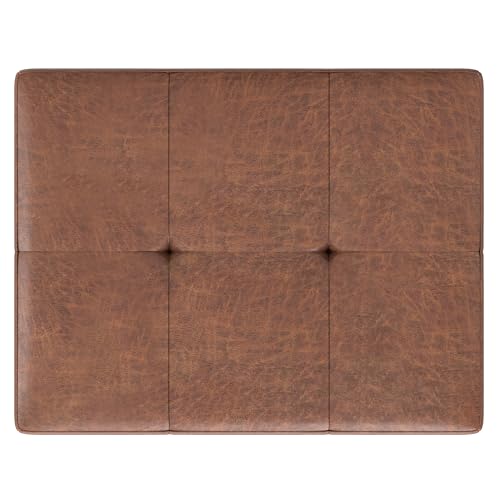 SIMPLIHOME Lacey 26 inch Wide Contemporary Rectangle Small Tufted Ottoman Bench in Distressed Saddle Brown Vegan Faux Leather, Assembled, for The Living Room and Bedroom