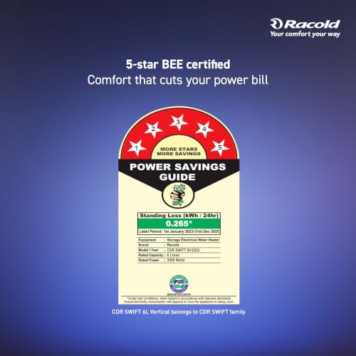 Image of Racold CDR Swift 6 Litre 3kW 5 Star BEE Rating Storage Water Heater | 33% Faster Heating than other 2kW Geysers | Titanium Coating on Tank | Rust-proof Body | Free Standard Installation & Pipes