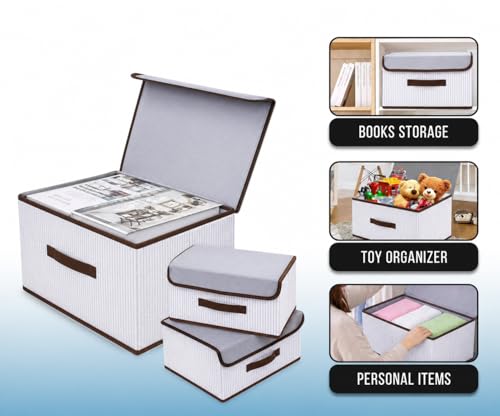 Image of DecorTwist Foldable Storage Box with Lid | Set of 3 (1 Large + 2 Small) | Non-Woven Fabric Wardrobe Organiser for Clothes, Toys, Blankets & Books | Collapsible Closet Shelf Organizer | Grey