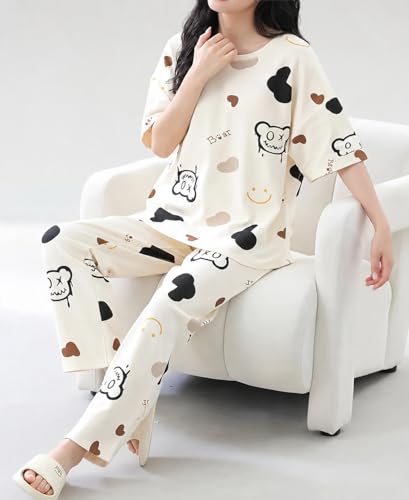 Image of Women Printed T-Shirt and Track Pant Set | Cotton Co-Ord Night Suit for Women | Lounge Wear, Sleepwear, Gym Wear | Half Sleeve Top & Elastic Waist Joggers | Stylish