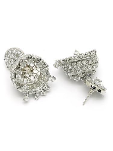 Image of Karatcart Women Silver Plated Blue American Diamond Studded Jhumki Earrings