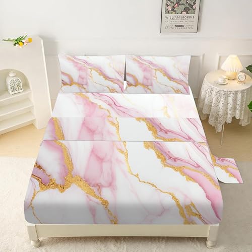 Edgzko PINK MARBLE SHEET-QUEEN Sheet Set Pink Marble: Queen Size Pink Abstract Bed Sheets For Teen Girls Kids Women Deep Pocket Gold Glitter Marbling 4Pc Bedding Sets 1 Fitted Sheet & 1 Flat Sheet & 2 Pillowcases thumb #1